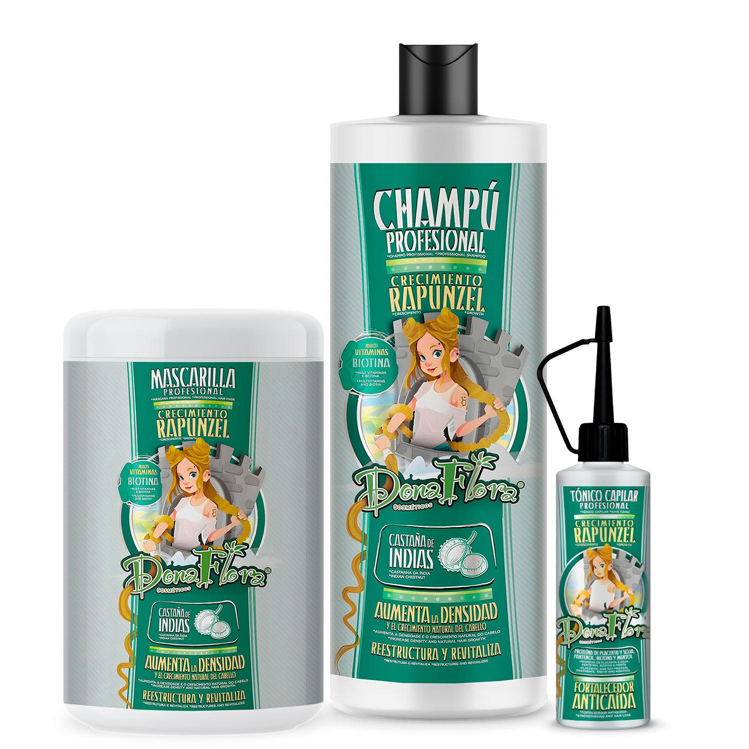 Pack Dona Flora Rapunzel Total: Champú 1000ml + Mascarilla Capilar 1000ml + Tonico Capilar 70ml