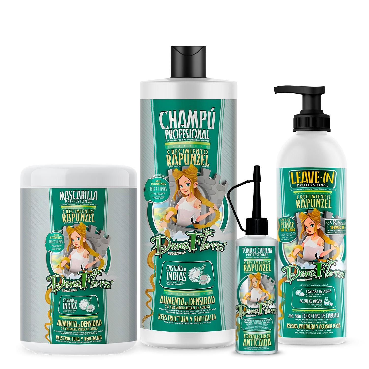 Pack Dona Flora Rapunzel Total: Champú 1000ml + Mascarilla Capilar 1000ml + Tonico Capilar 70ml + Leave-In 500ml